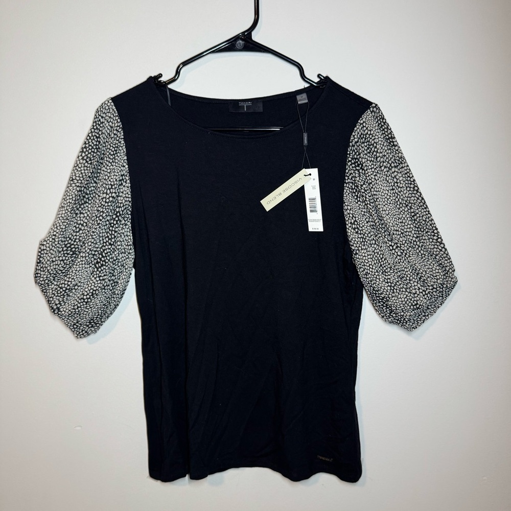 Tahari Black Puff Sleeve Blouse Viscose Blend Size M NWT